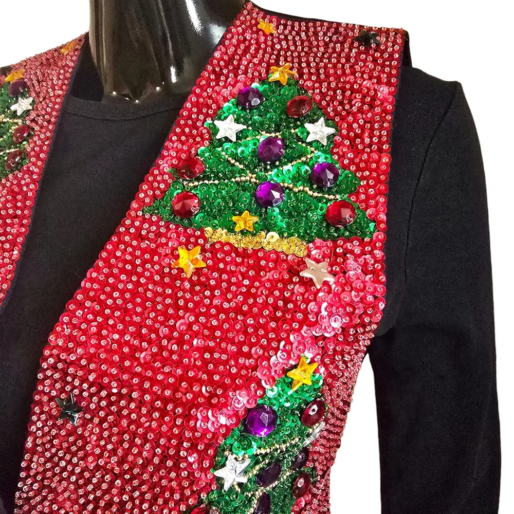 Vintage 90s JC Christmas Tree Sequin and Jewel Vest | Size Small - Picture 10 of 17